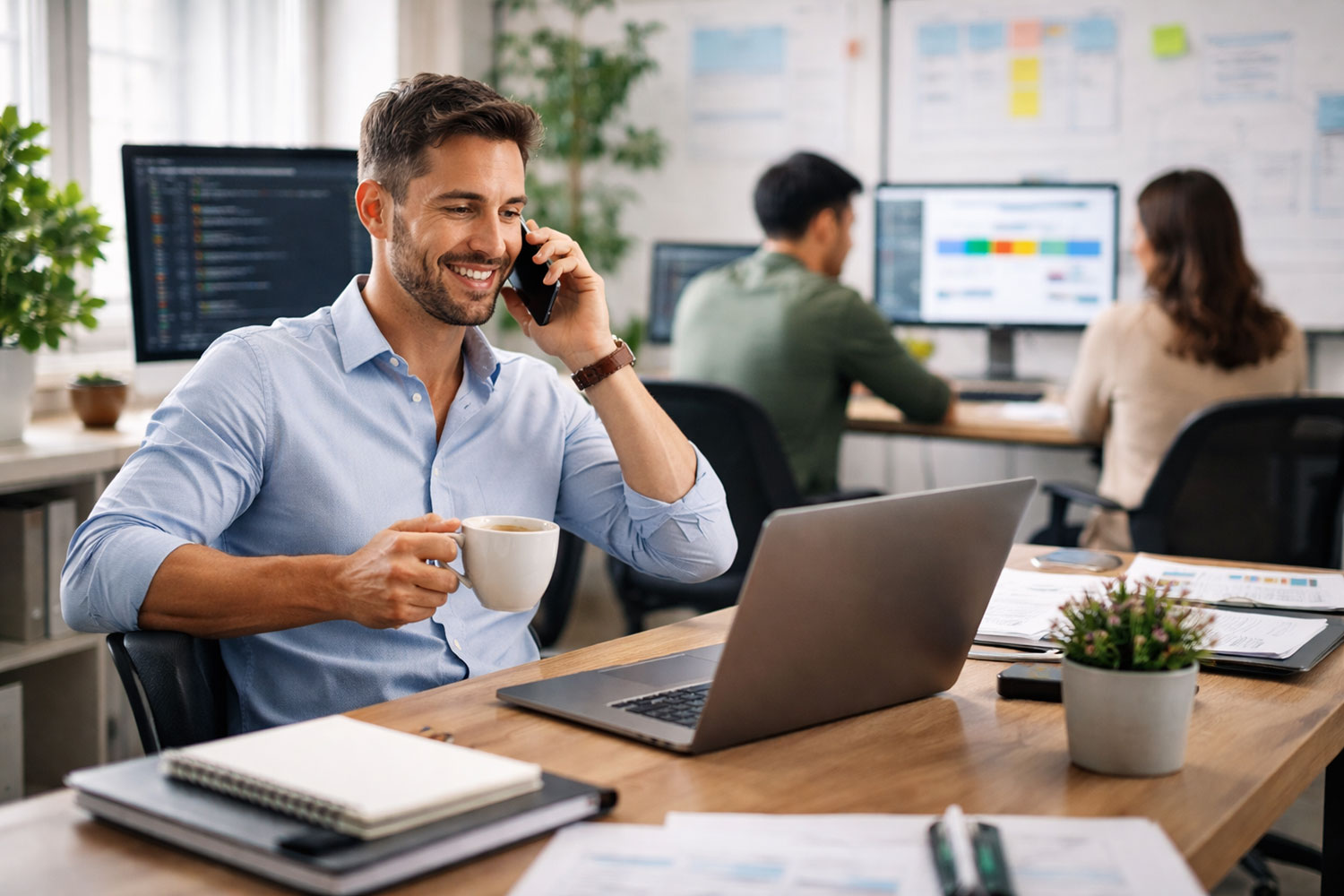 Business owner smiling while working at a laptop