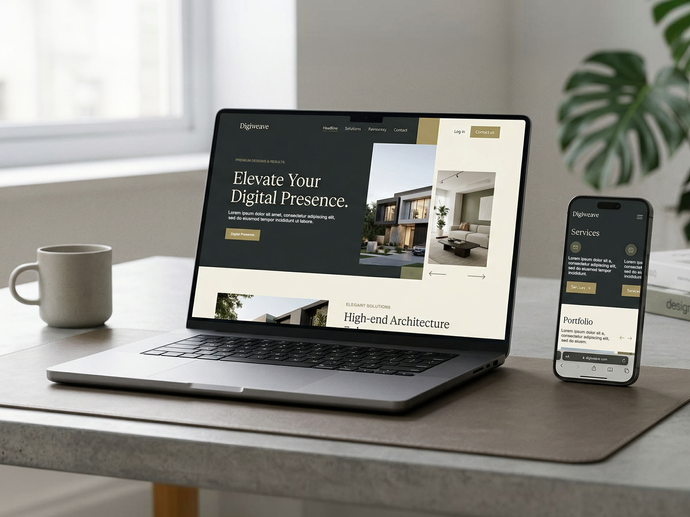 Laptop and phone showing polished Digiweave web design concepts