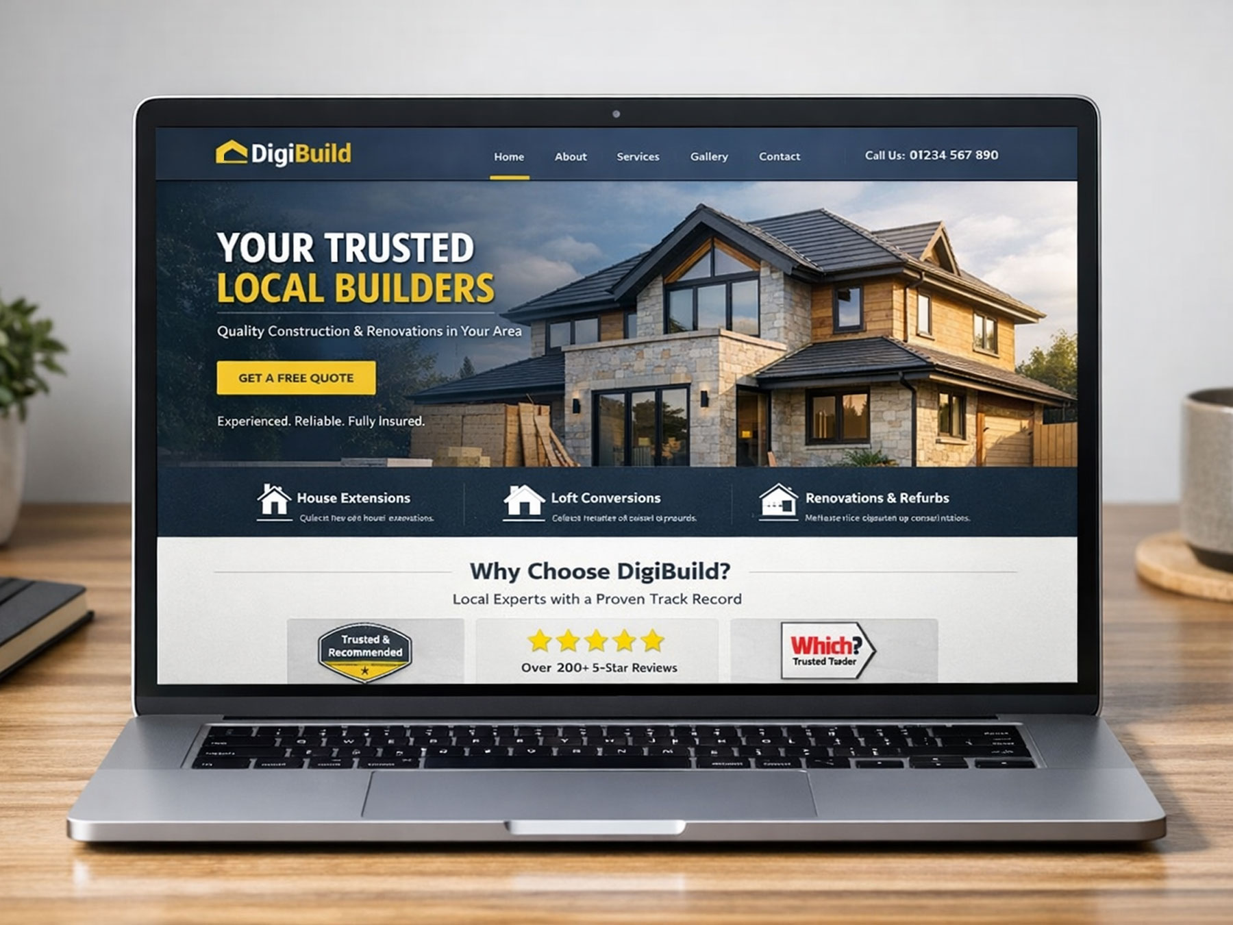 Example building company website design displayed on a laptop
