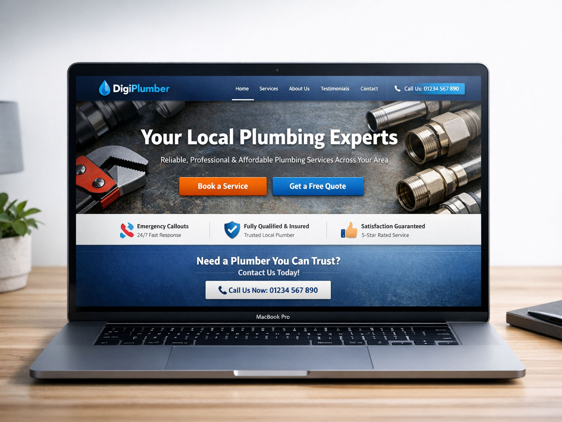 Example plumbing website design displayed on a laptop