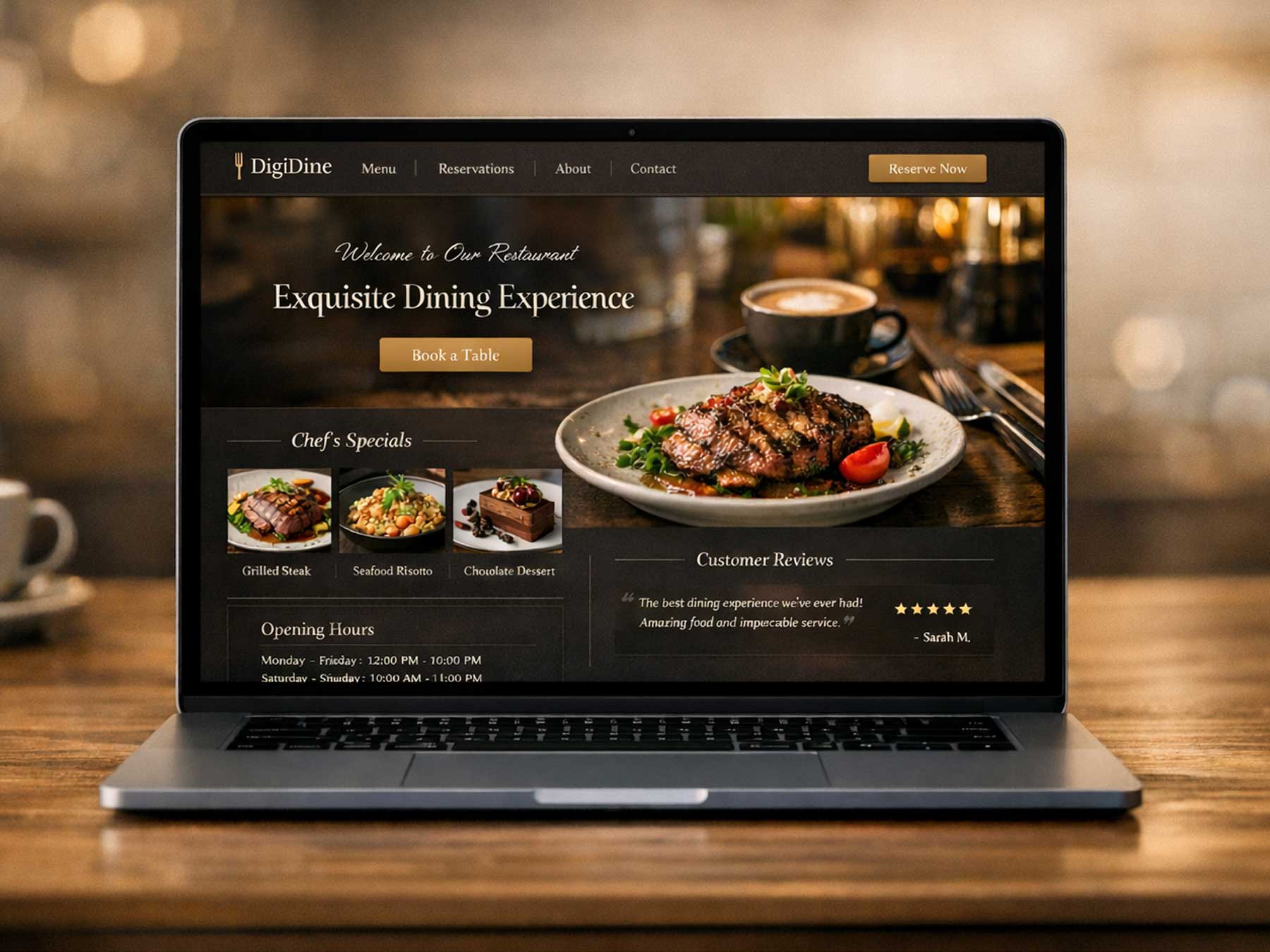 Example restaurant website design displayed on a laptop