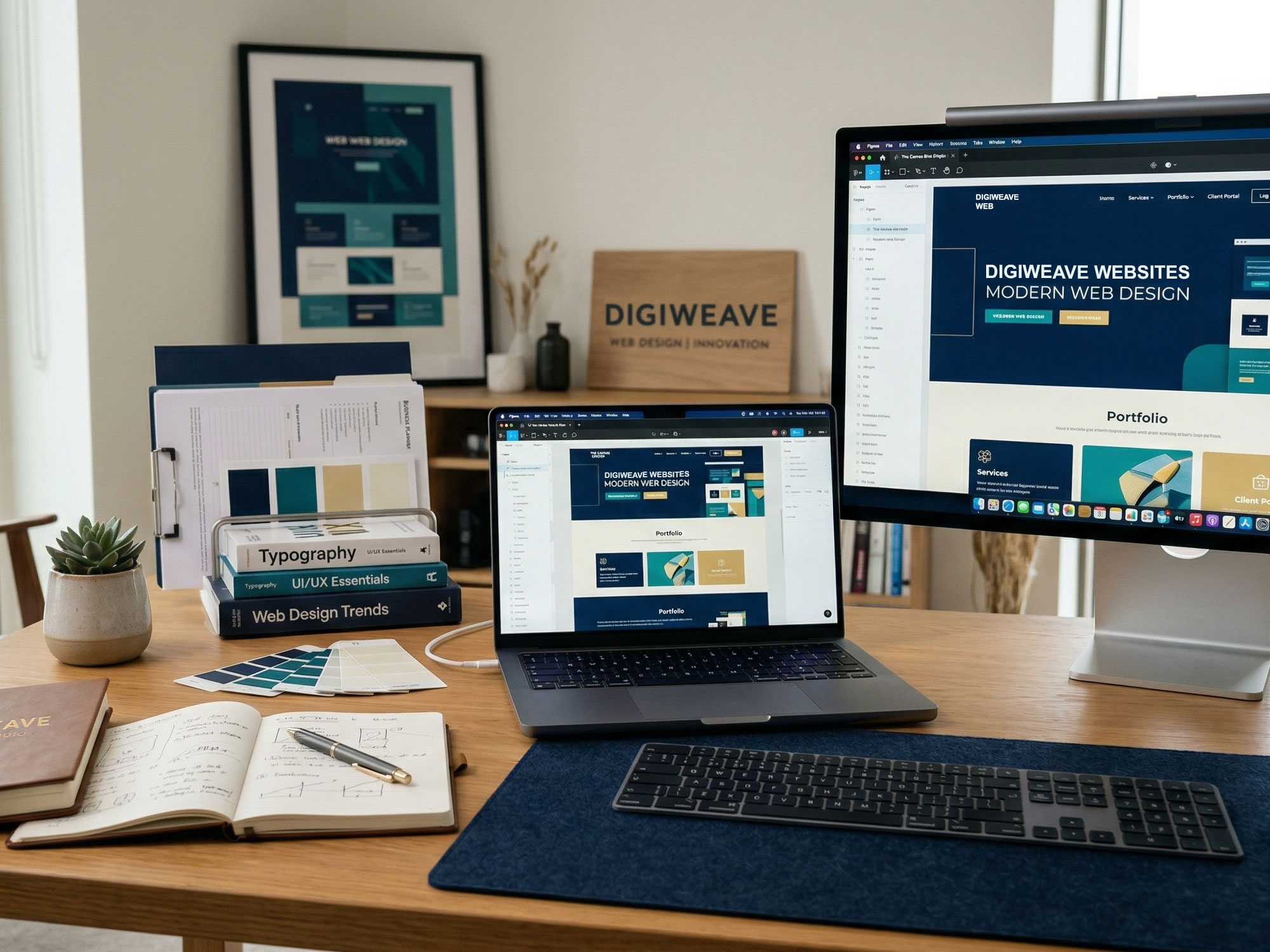 Workspace with laptop, monitor, colour swatches, and web design materials